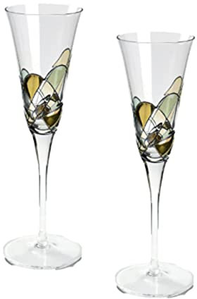 Mosaic Design Champagne Toasting Glass Flute Pair - Mouth Blown/Hand Decorated Glass - Gold - Ideal Golden Anniversary 50th Wedding Gift 25 cm