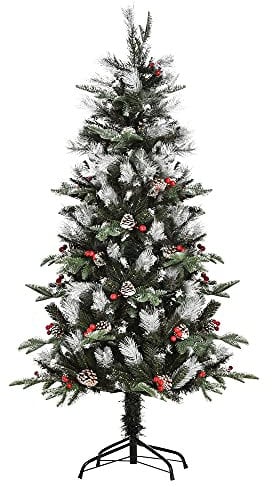 HOMCOM Albero di Natale Innevato 150cm con Bacche Rosse e Pigne Bianche, Base Rimovibile Pieghevole, 440 Rami, Verde