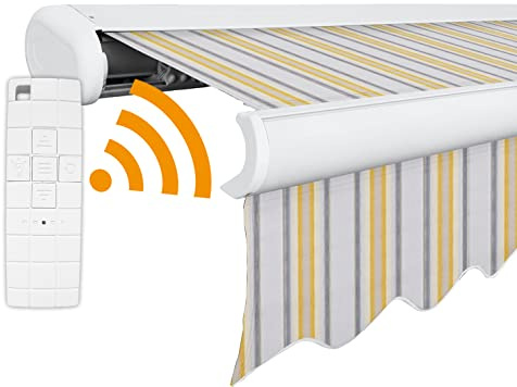 Arilco Elektrische Vollkassettenmarkise Kassettenmarkise Gelenkarmmarkise Markise Sonnenmarkise Sonnenschutz in vielen Farben und Größen wählbar in der Kassettenfarbe Weiss (6x3,5m Edel)