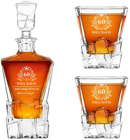 Maverton Personalised Whiskey Decanter and 2/4/ 6 Glasses for Man - Elegant Whisky Set for him - Ice Cubes Model - Stylish barware for Birthday - for Whisky connoisseurs - Crown