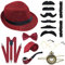 ELECLAND 10-teiliges 1920er Jahre Herren Kostümzubehör Set Roaring Retro Gangster Kostüm, Hut, Fliege, Taschenuhr, Hosenträger, Brille, Bart, Armband, Strumpfbänder, Taschenuhr (Wine Red)