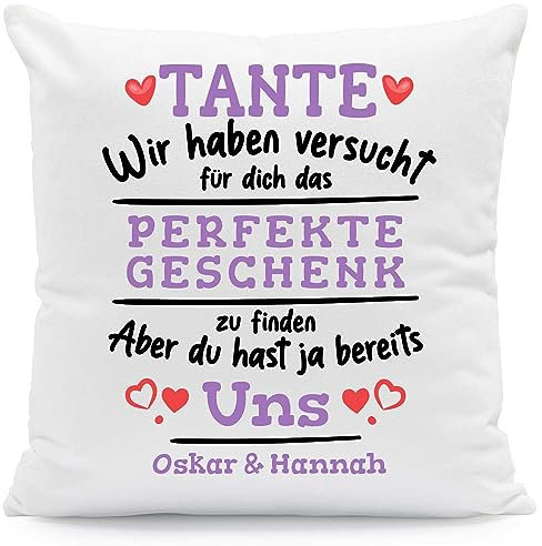 GRAVURZEILE Kissen mit Spruch Personalisiert mit Name - Geschenke für die ganze Familie - Größe: mit Füllung - Farbe: Tante (Wir haben.)