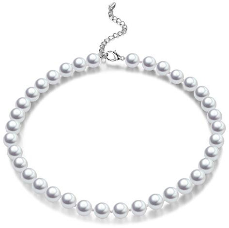 Bulinlin Damen Silber Muschel Perlenkette Boho Statement Strang Perlen Choker Halskette Modeschmuck Geschenke für Frauen(10mm White)