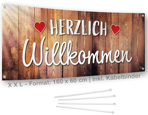 Herzlich Willkommen Banner I XL 160 x 60 cm I Wetterfest I Set inkl. Ösen und Kabelbinder I Begrüßung auf Feiern, Festen, Zuhause | Hochzeit, Geburtstag, Firmenfeier, Jubiläum | Überraschung Deko