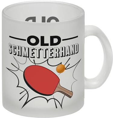 Old Schmetterhand Tischtennis Wortspiel Glas Tasse lustige Kaffeetasse mit Tischtennismotiv Tasse als Geschenk für Tischtennisspieler mit einem guten Sinn für Humor Glas Tasse Die