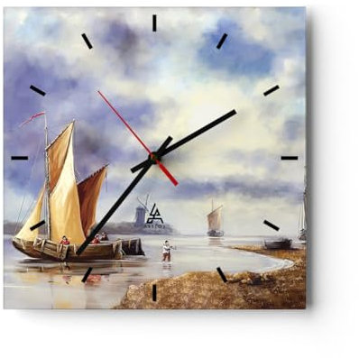 Modern Wanduhr Fischer Schiff Fan 40x40cm Quadrat Groß Wand Uhr Glas Analog Zimmeruhren Küche Büro Wohnzimmer Glasuhr Wall Clock Dekoration Design Wanddekoration Küchenuhr C3AC40x40-4318