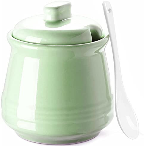 Ceramic Sugar Bowl with Lid and Spoon, 12oz Farmhouse Sugar Jar, Porcelain Sugar Container for Coffee Bar, Kitchen Countertop, Turquoise Sugar Holder Sugar Pot for Salt Creamer, Dishwasher Safe, Green