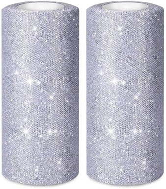 2 Rolls 50 Yards 6” Wide Sparkling Tulle Roll Glitter Tulle Fabric Ribbon Roll Tulle Spool for Bow Making Tutu Skirt Wedding Christmas Tree Decoration, Silver