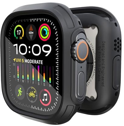 elkson Made for Apple Watch Ultra 2/1 Band Case 49mm Screen Protector Tempered Glass, Quattro Pro Series Rugged for iWatch Bumper Strap Military Grade Durable Protective Cover Shock Proof Black
