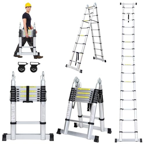 Jopassy Teleskopleiter, Rutschfester Aluminium Stehleiter, 150 kg/330 Pfund Belastbarkeit Ausziehbare Leiter, Aluminiumleiter mit Tragegriff, Mehrzweckleiter (2.5M+2.5M)