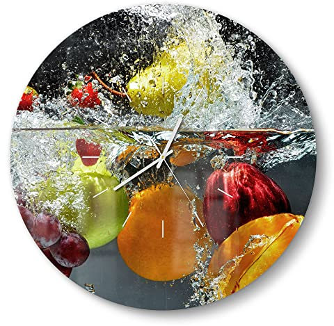 DEQORI Glasuhr | rund Ø 50 cm | Motiv Gemischtes Obst im Wasser | große XXL Design Uhr aus Glas | leise Wanduhr für Wohnzimmer & Küche | Moderne Hingucker Uhr für die Wand