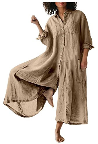 Sport Jumpsuit Damen Army Overall Damen Arbeits Latzhose Damen Revers Einfarbiges Langarm Latzhose Mit Taschen Knopfleiste Weites Bein Trägerhose Baumwoll Leinen Sommer Overall Jumpsuit Grün Khaki L