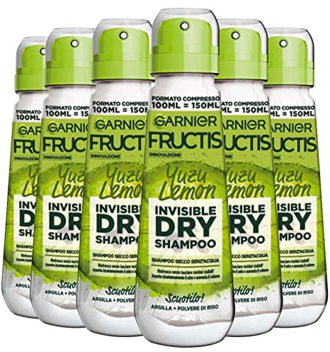 Garnier Fructis Invisible Dry Yuzu Lemon Trockenshampoo ohne Wasser mit Ton und Reispulver, erfrischend - 6 Flaschen à 100ml