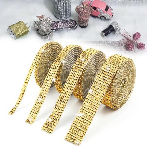 4 Stück Strass Selbstklebendes Band Kristall Dekoration Diamant Aufkleber für Kunst Handwerk, DIY Veranstaltung Auto Telefon Dekoration (Gold, 4)