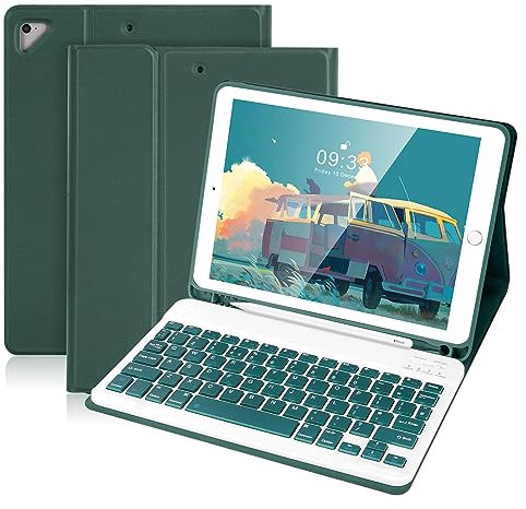 SOPPY Bluetooth Keyboard Case for iPad 6th/5th Gen (2017-2018), iPad Pro 9.7, iPad Air 1-2, Detachable Wireless Keyboard with Pencil Holder, Slim Protective Cover, USB-C Rechargeable, Deep Green