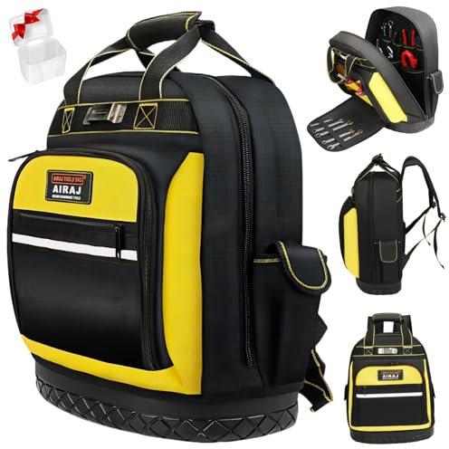 AIRAJ PRO Werkzeug-Rucksack, robuster Werkzeug-Rucksack mit wasserdichtem, geformtem Boden, langlebig, Mehrzwecktasche, Elektriker, Industrie und Bauarbeiten, Schwarz/Gelb