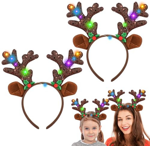 2 Stück Rentier Haarreif LED Erwachsene Kinder,Geweih Haarreif Haarreifen Weihnachten Reh Haarreif Weihnachts Accessoires Led Haarschmuck für Weihnachten Kostüme Zubehör Cosplay Karneval Party