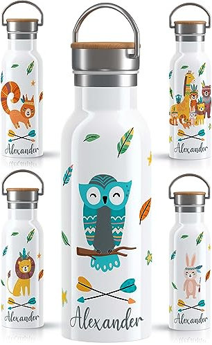 OWLBOOK Boho Eule Trinkflasche personalisiert aus Edelstahl für Kinder mit Zoo Dschungel Waldtiere - 600 ml Kindertrinkflasche mit Bambusdeckel - Auslaufsicher BPA-frei - für warme und kalte