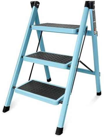 Krightlink Step Ladder, Folding Step Stool with Wide Platform Steps, Portable Folding Heavy-Duty Steel Sturdy Ladder for Adults Multi-Use for Home and Kitchen - Blue (3 Step)