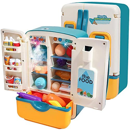 BAKAJI Frigorifero da Cucina Giocattolo Gioco per Bambini con Distributore di Ghiaccio Vapore 32 Pezzi Mini Frigo Giochi Giocattoli Piccolo Cuoco Cucina Simulazione Realistico colore Azzurro con Luci