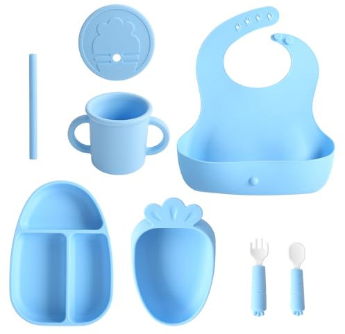 EuChoiz Silikon-Baby-Füttern-Set, LED-Entwöhnungszubehör mit Saugnapf, geteilter Teller, Kleinkind-Geschirr mit Lätzchen und Teller, Löffel und Gabel, Schnabeltasse und Deckel, niedliches Karottenblau