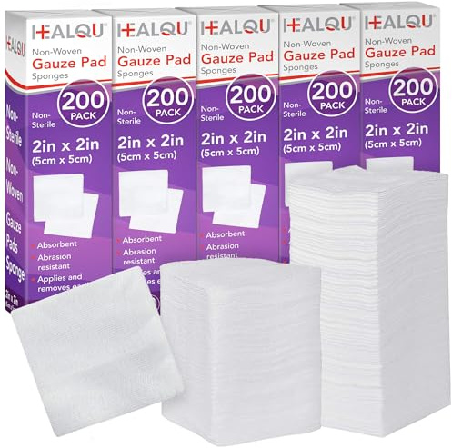 HEALQU Dental Mullpads, 1000 Stück, 5,1 x 5,1 cm, weiche Vlies-Pads für Zahnextraktionen und Zahnbehandlungen – unsterile, quadratische Mullschwämme für Erste Hilfe, chirurgische und Wundverband
