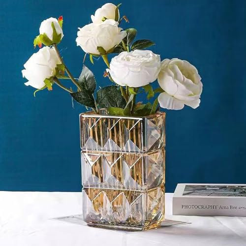 20cm Kristallglas Vase, Verdickte klare Glas Blumenvase, große große quadratische Vase Dekorative Vasen Blumen Moderne Bauernhaus Mittelstück, Home Room Dekor (Bernstein)