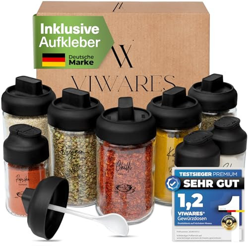 VIWARES Gewürzgläser Set | 6 Glas-Gewürzdosen mit Löffel & 3 Gewürzgläser mit Streueinsatz | Behälter für Gewürze Aufbewahrung | Perfekte Organisation in der Küche