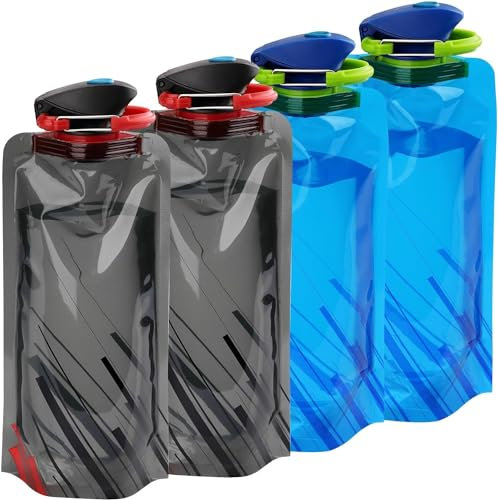 VIEVRE 4 Stück Faltbare Trinkflasche, Wiederverwendbare Trinkflasche Faltbar, BPA-Frei, Trinkflaschen Faltbar für Festivals, Wandern, Reisen, Abenteuer, Festival Zubehör, (Schwarz+Blau)