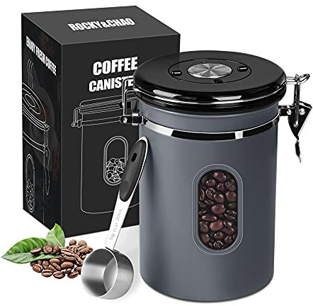 ROCKY&CHAO Kaffeedose Luftdicht aus Edelstahl 1,5L Kaffeebhnen Behälter mit Sichtfenster an der Seite Vorratsdose für 500g Tee Nüsse Kakao Länger und Frisch Bleiben(Grau)