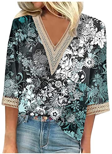 Generic Chemisier Femme Coton Chic Tunique Grande Taille Blouse Manche 3/4 Turquoise 3XL
