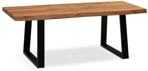 Wohnling Couchtisch 120x60x46 cm Akazie Massivholz/Metall Baumkante, Design Wohnzimmertisch Rechteckig, Sofatisch Stubentisch Braun, Kaffeetisch mit Trapezbeinen in Schwarz