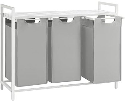 VASAGLE Wäschekorb 3 Fächer, Wäschesammler mit Ablage, Wäschebox, Wäschesack aus Oxford-Gewebe abnehmbar, Metallrahmen, 3 x 40 L, 92,5 x 33 x 72 cm, taubengrau-mattweiß BLH301W03