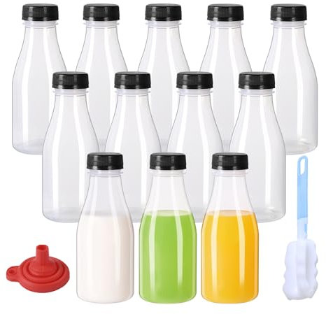 ZMCYN 12 Pack 350ml Plastic Milk Bottles with Lids (Dishwasher Safe), PP Heat Resistant Milk Juice Bottles, Reusable 12oz Plastic Bottle for Juice, Smoothie, Homemade Beverage