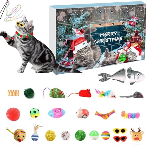 Gobesty Katzen-Adventskalender 2024, 24 Stück Katzenspielzeug-Adventskalender, 24 Tage Weihnachts-Countdown-Kalender für Kätzchenspielzeug, Fische, künstliche Mausglockenbälle für Katzenliebhaber,