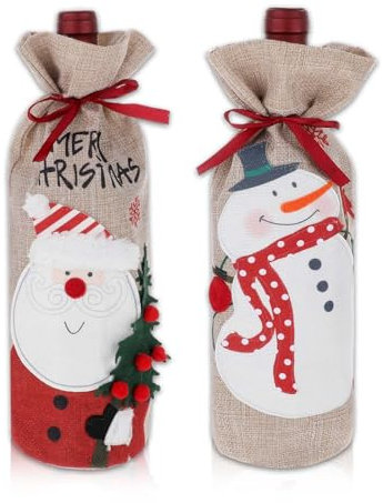 Dimeho Wine Christmas Bag, 2 Pcs Burlap Wine Bags for Wine Bottles Gifts Christmas Wine Bottle Bags with Drawstring Holiday Wine Bottle Covers for Christmas Wedding Birthday Party Xmas Decoration
