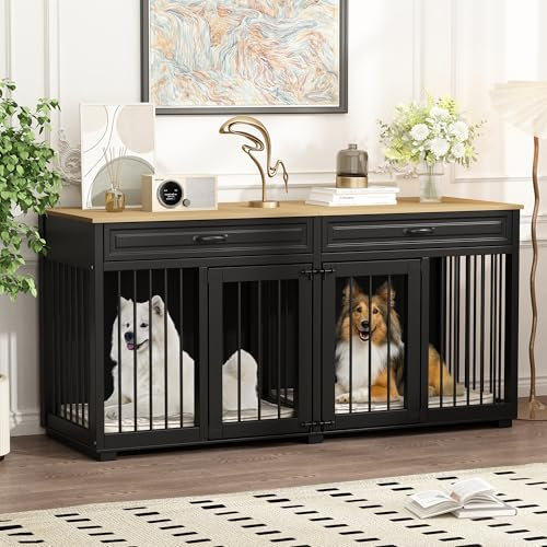 Hundekäfig für Zuhause, Eisen Hundebox,Hundebox XXL,Hundehütte Hundekiste für den Innenbereich,PB-Brett + Bügeleisen mit 2 Türen 164 x 80 x 60 cm, Metall, Schwarz + Braun