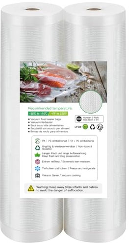BoxLegend Rouleau Sous Vide Alimentaire 28x600cm 2 Rouleaux Convient à Toutes les Machines D'étanchéité Sous Vide, pour la Conservation des Aliments et la Cuisson, sans BPA