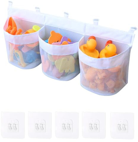 1 Pcs Bath Toy Storage, 60cm Bathroom Toy Storage With 3 Compartment Large Openings, Quick Drying Bath Toy Net Bath Toy Tidy With 5 Strong Suction Hooks