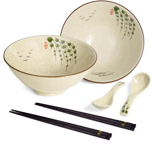 HLWDXno1 Ramen Bowl Set of 2 Ceramic Noodle Bowl with Chopsticks & Spoons 1200ml Large Soup Bowls Japanese Style Retro Porcelain Microwave Tableware Ramen Gift Set for Salad,Pho,Pasta,Udon, Twig