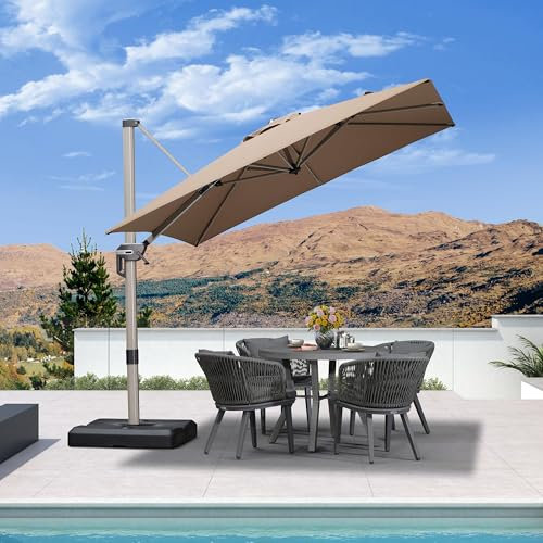 PURPLE LEAF Parasol Déporté 2,5 x 2,5 m Carré, Toit à Rotatif 360°, Protection UPF 50+, Parasol De Jardin Extérieur avec Poteau Champagne Suspendu en Aluminium, Pour Piscine, Terrasse, Taupe