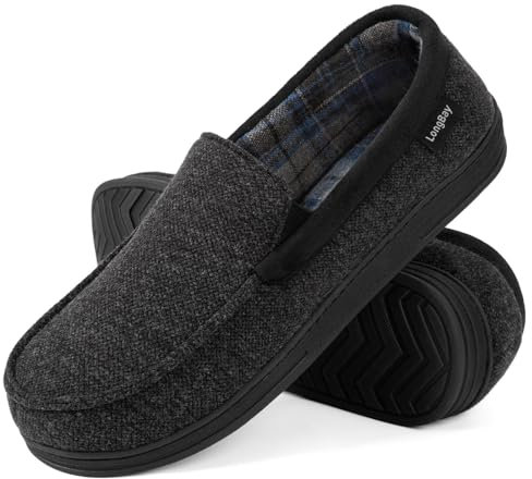 LongBay Men's Moccasin Slippers Memory Foam Plush Fleece House Shoes in Indoor Outdoor Fashion Black, 9