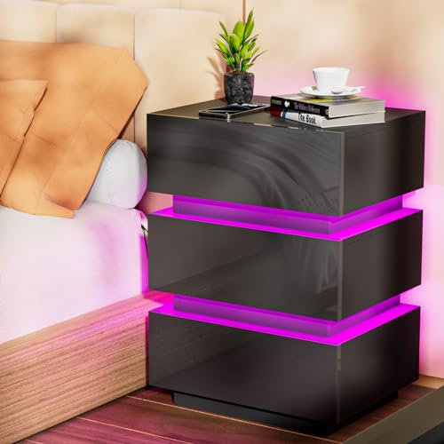 Lvhcmfohm Nachttisch mit Steckdose, Nachtschrank mit led, Nachtkommode mit ladefunktion und USB, 3 Schubladen (45x35x62cm, Schwarz)