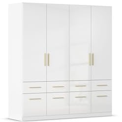 Rauch Möbel Aberdeen, Drehtürenschrank, Kleiderschrank, Schrank, Garderobe, 4-türig, 8 Schubladen, Farbe Weiß/Hochglanz weiß, Griffe Eiche massiv, 181x197x54cm