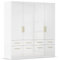 Rauch Möbel Aberdeen, Drehtürenschrank, Kleiderschrank, Schrank, Garderobe, 4-türig, 8 Schubladen, Farbe Weiß/Hochglanz weiß, Griffe Eiche massiv, 181x197x54cm