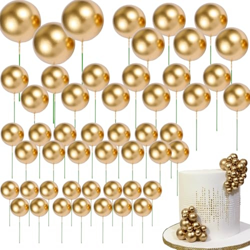50 Pcs Gold Ball Cake Toppers – Mini Cupcake Picks for Birthday, Wedding, Party Decorations – Metallic Round Cake Decorations in Assorted Sizes for DIY Baking & Dessert Styling