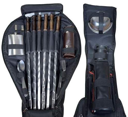 Ensemble de vaisselle de camping GOROCH dans un sac à dos pour 6 personnes – Ensemble de pique-nique extérieur avec couverts, assiettes, tasses, thermos, brochettes en bois, couteau en céramique et