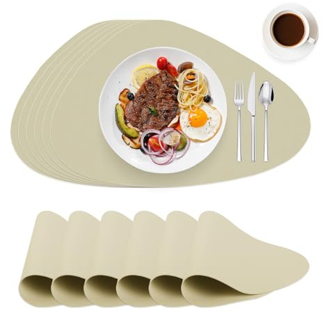WearLegend Tischset Abwaschbar und Wasserdicht,Leder-Imitat Platzdeckchen Platzsets, rutschfeste Noppen-Unterseite & Schneidbar für Küche & Büro & Party (Beige, Oval-6er Set)