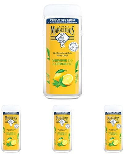 Le Petit Marseillais | Gel Douche Extra Doux Verveine Bio & Citron Bio (650 ml) – Hydrate et Rafraîchit, pH neutre, sans colorant et 92% d'origine naturelle – Flacon 100% recyclable (Lot de 4)