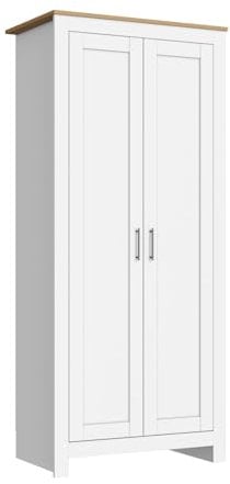 ELEGANT 2 Door Bedroom Wardrobe with Clothes Rail and Large Hanging Space New Luxury Style Cabinet for Bedroom Storage, White/Oak